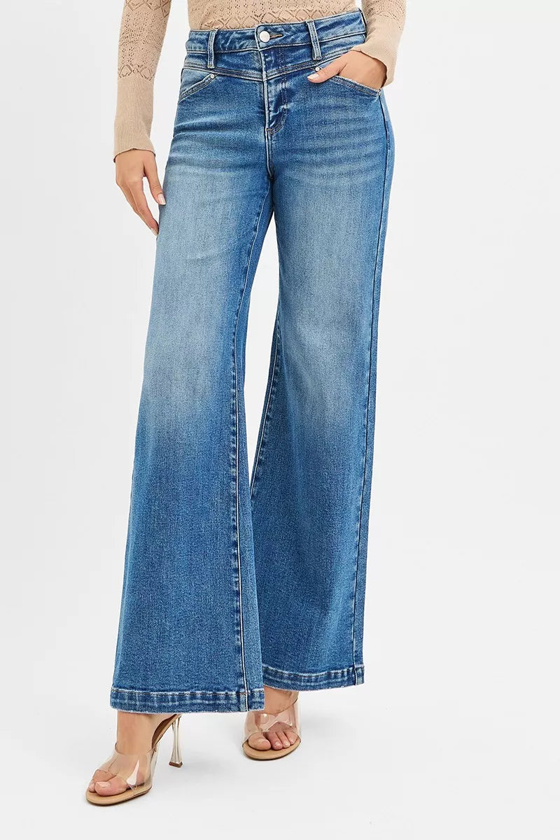 High Rise Wide Leg Jeans with Front Yoke and Heart Back Pocket
