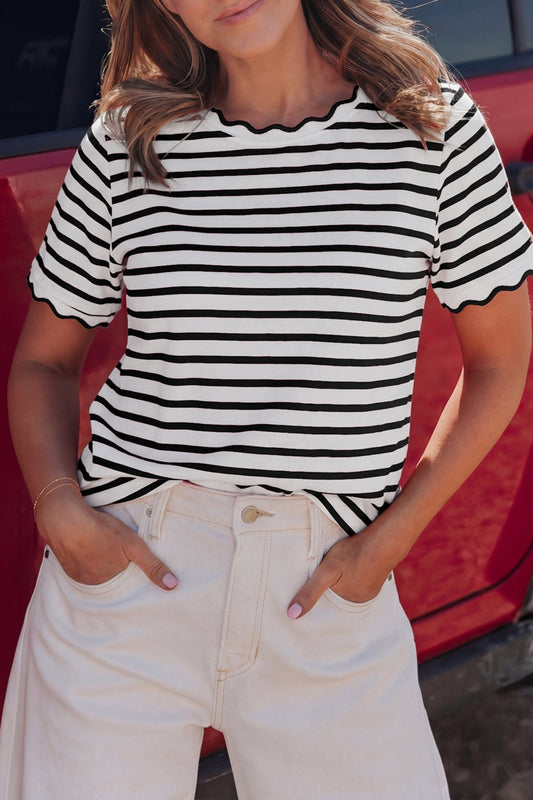 Black Stripe Scalloped Trim Round Neck T Shirt - Loving It Shop