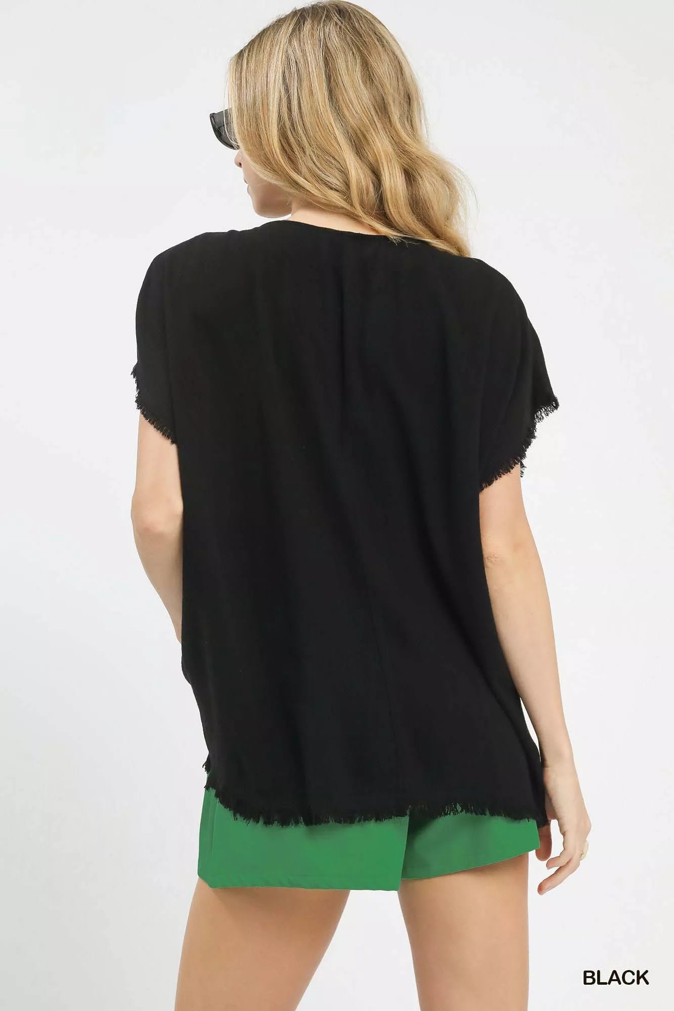 Linen Blend Embroidered Frayed Hem Top