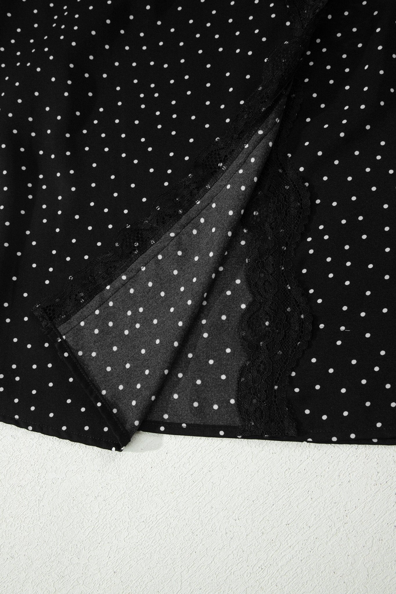 Black Polka Dot Print Lace Trim Wrap Mini Dress - Loving It Shop