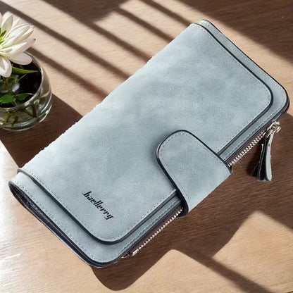 Vintage Faux Leather Long Wallet – Trifold Credit Card Holder with Snap &amp; Zipper