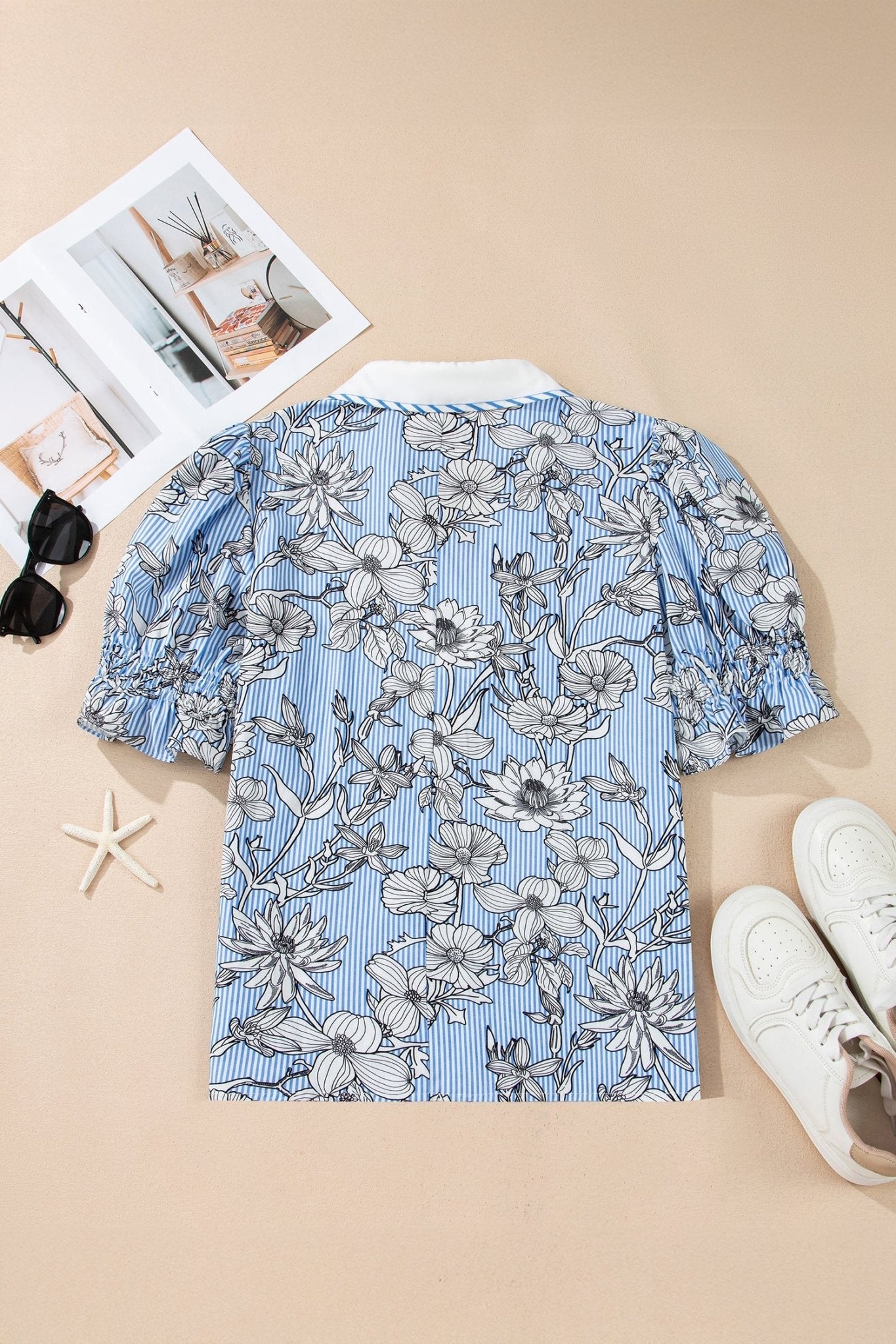Sky Blue Floral Striped Printed Polo Collar Short Sleeve Blouse - Loving It Shop