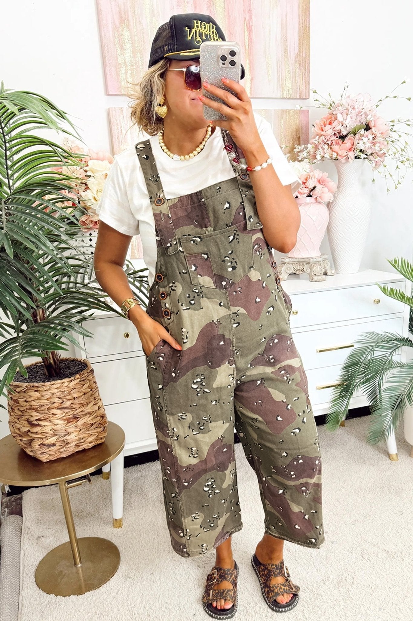 Green Camouflage Print Leopard Detail Loose Denim Overall Cropped Jumpsuit - Loving It Shop