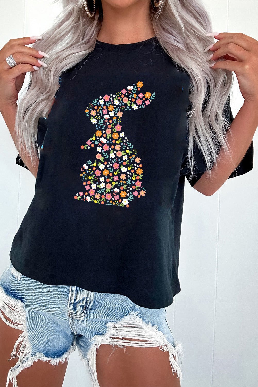 Black Colorful Floral Bunny Graphic Easter T Shirt - Loving It Shop