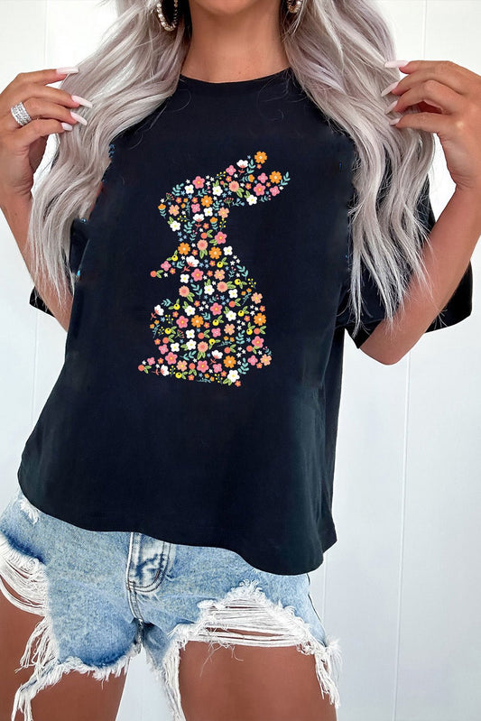 Black Colorful Floral Bunny Graphic Easter T Shirt - Loving It Shop