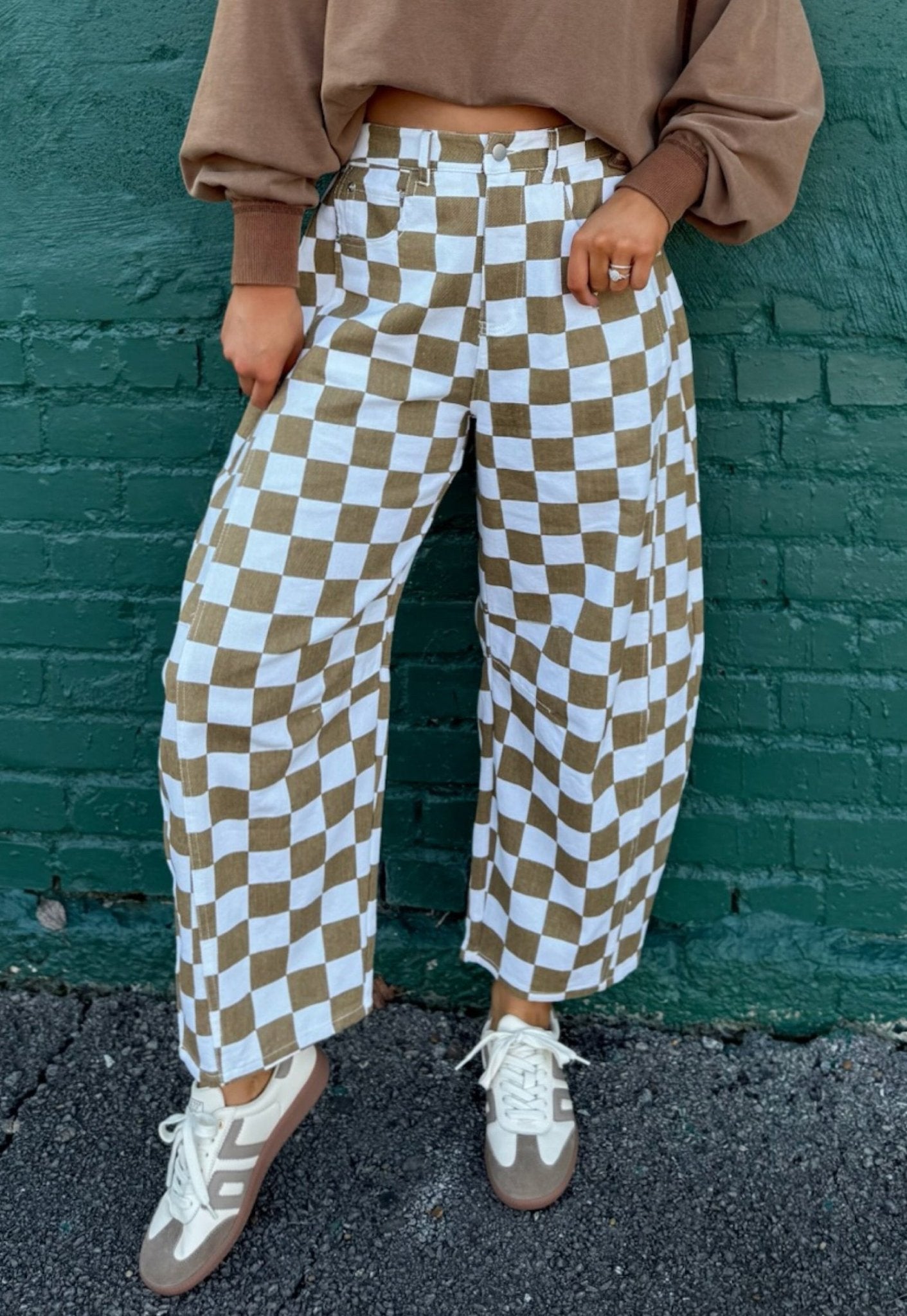 White Checkered Print Denim Barrel Pants - Loving It Shop