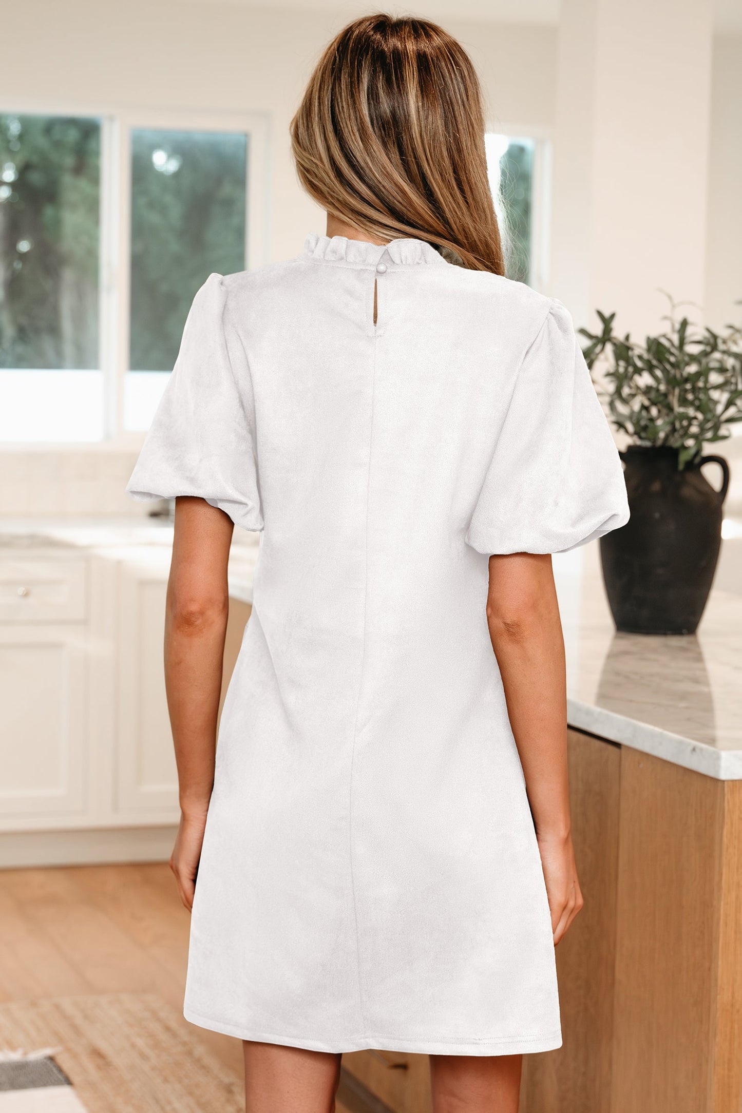 White Frilled Round Neck Short Puff Sleeve Shift Mini Dress