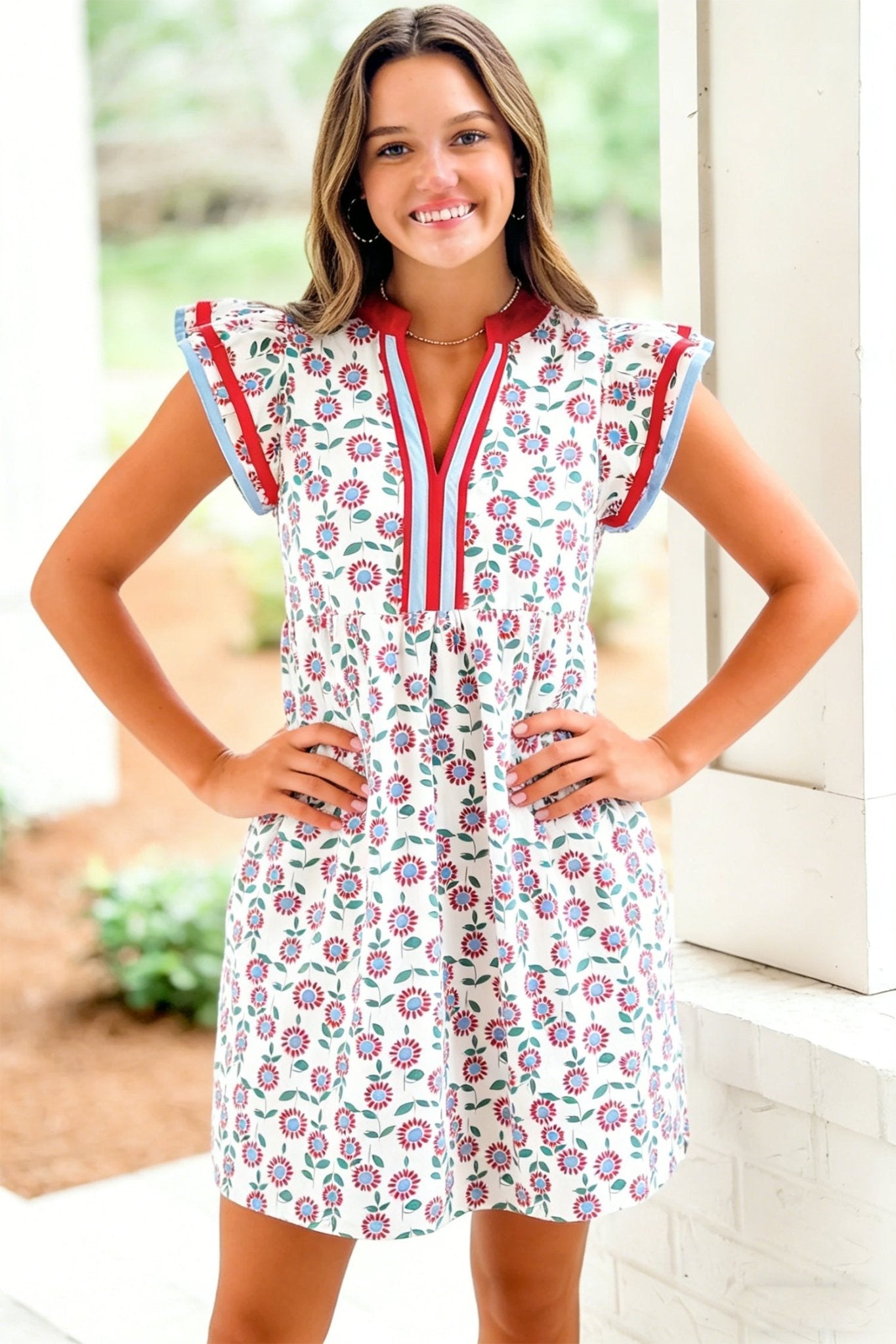 Red Floral Print Contrast Trim Flutter Sleeve Mini Dress - Loving It Shop