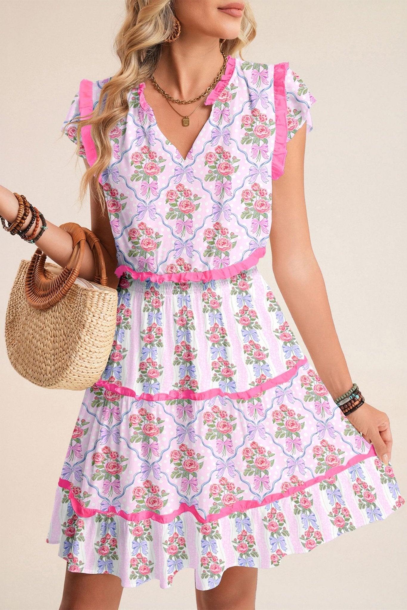 Purple Tiered Ruffles Sleeveless Summer Floral Dress - Loving It Shop