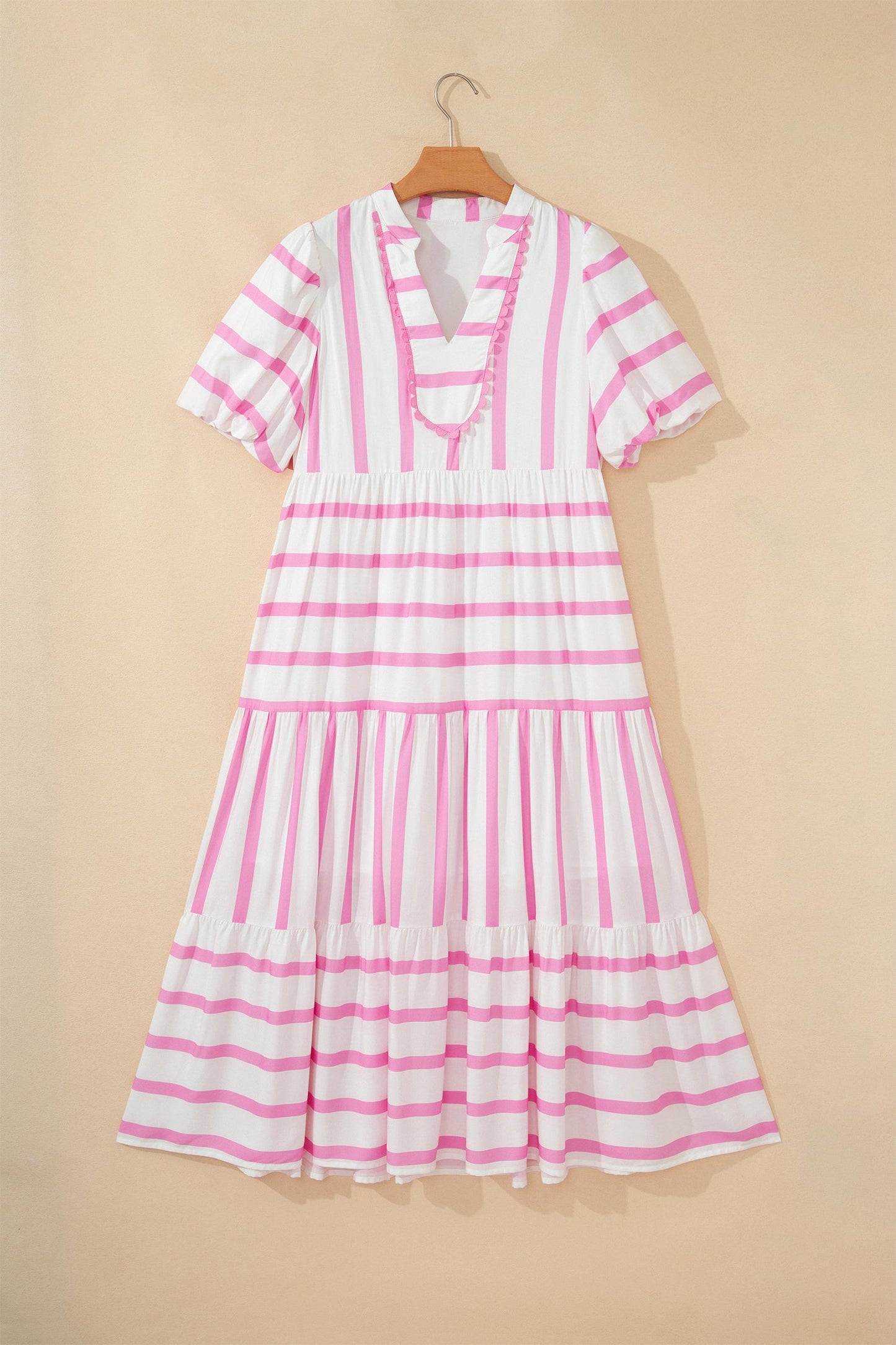 Pink Stripe Ricrac Trim Notched Neck Half Sleeve Vacation Dress