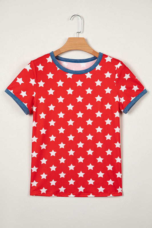 Red Stars Print Colorblock Binding Tape Collar Cuff Viscose Tunic Top