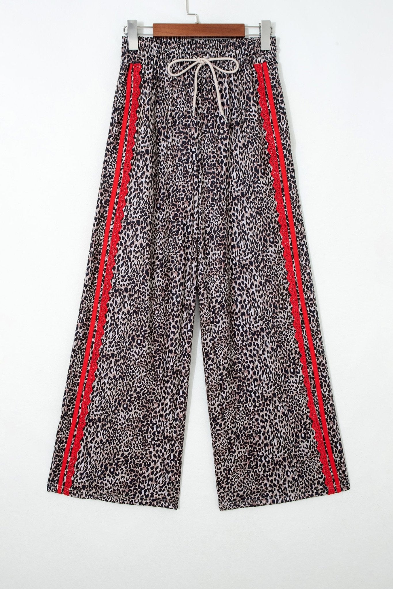 Brown Wild Leopard Print Contrast Lace Striped Detail Drawstring Pants - Loving It Shop