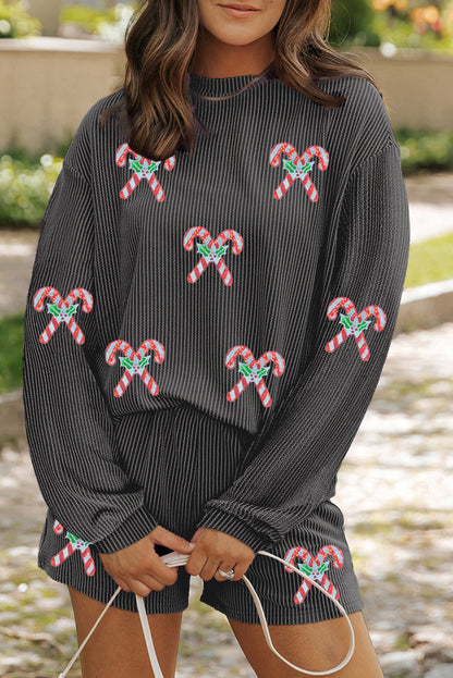 Carbon Grey Twisted Ribbed Sequin Holly Candy Cane Long Sleeve Top and Shorts 2pcs Outfit