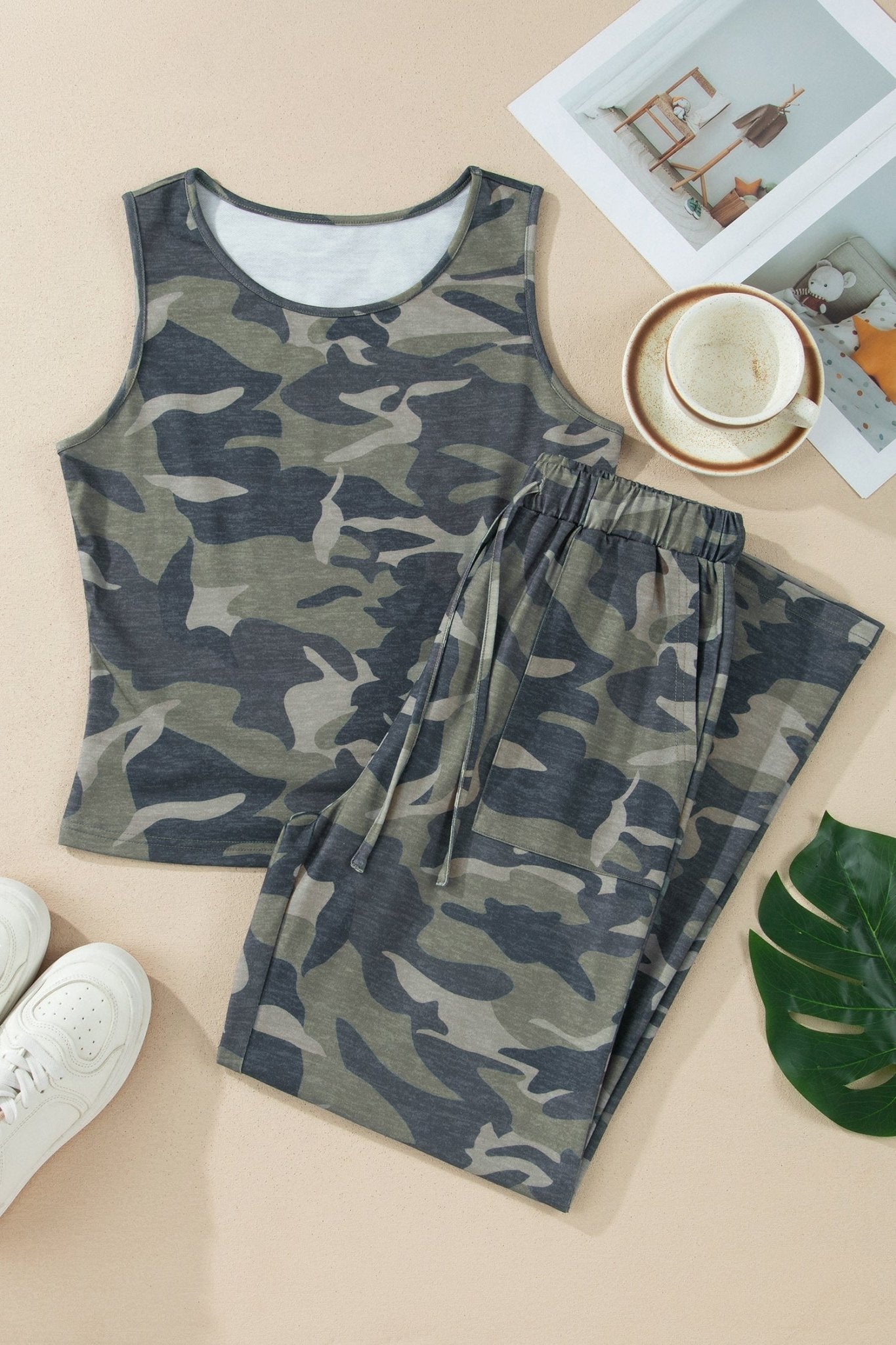 Green Camouflage Print Slim Tank Drawstring Pant Set - Loving It Shop