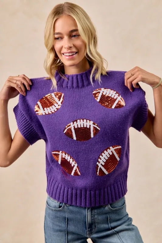 Gameday Sequin Football Patches Rib Banded Sweater