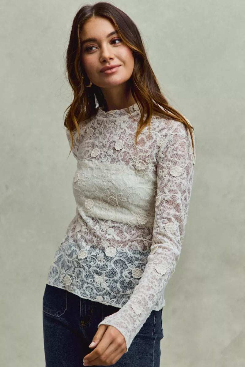 Lace Long Sleeve 3d Effect Floral Layering Top