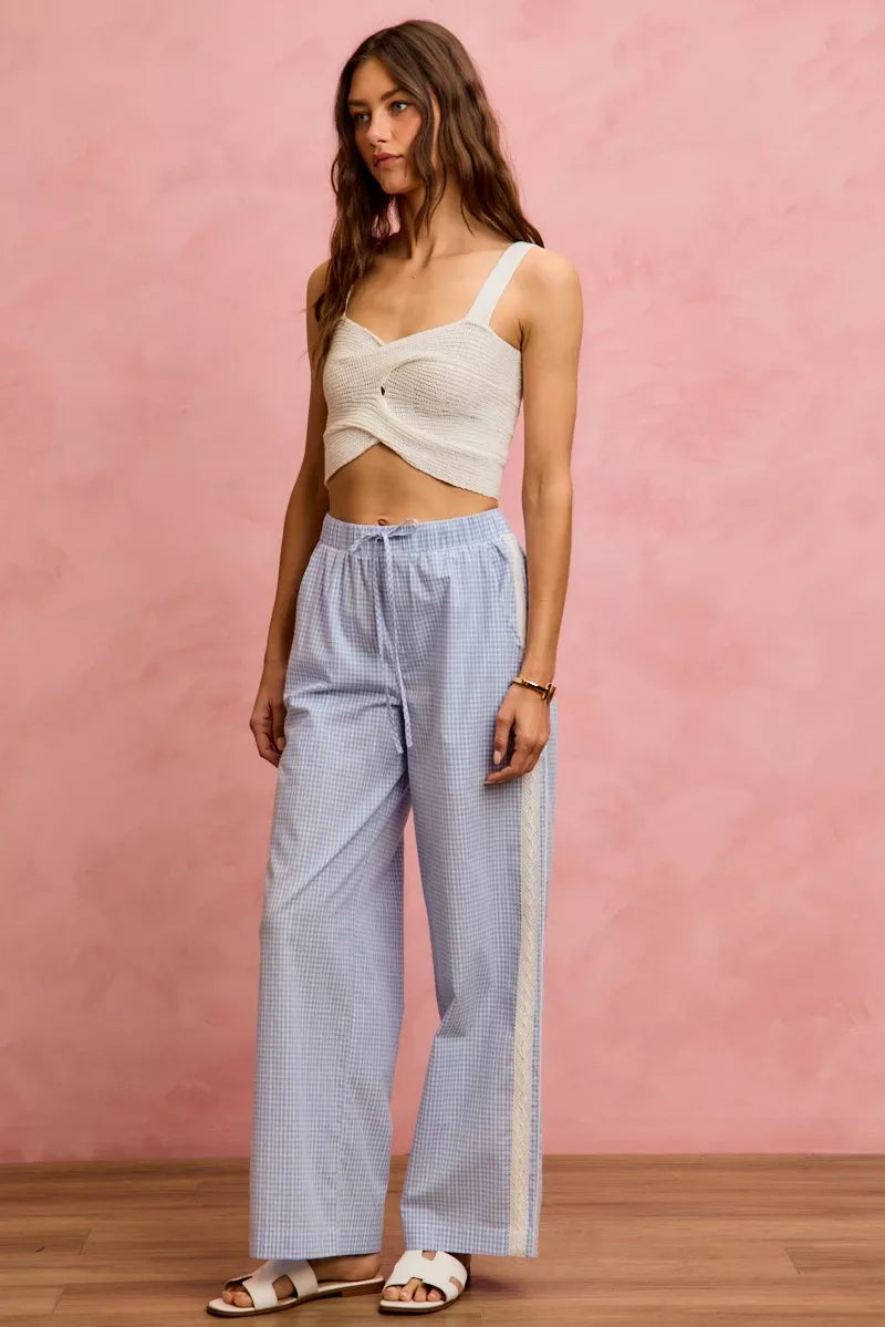 Wide Check Pants With Side Lace Trim And Piping