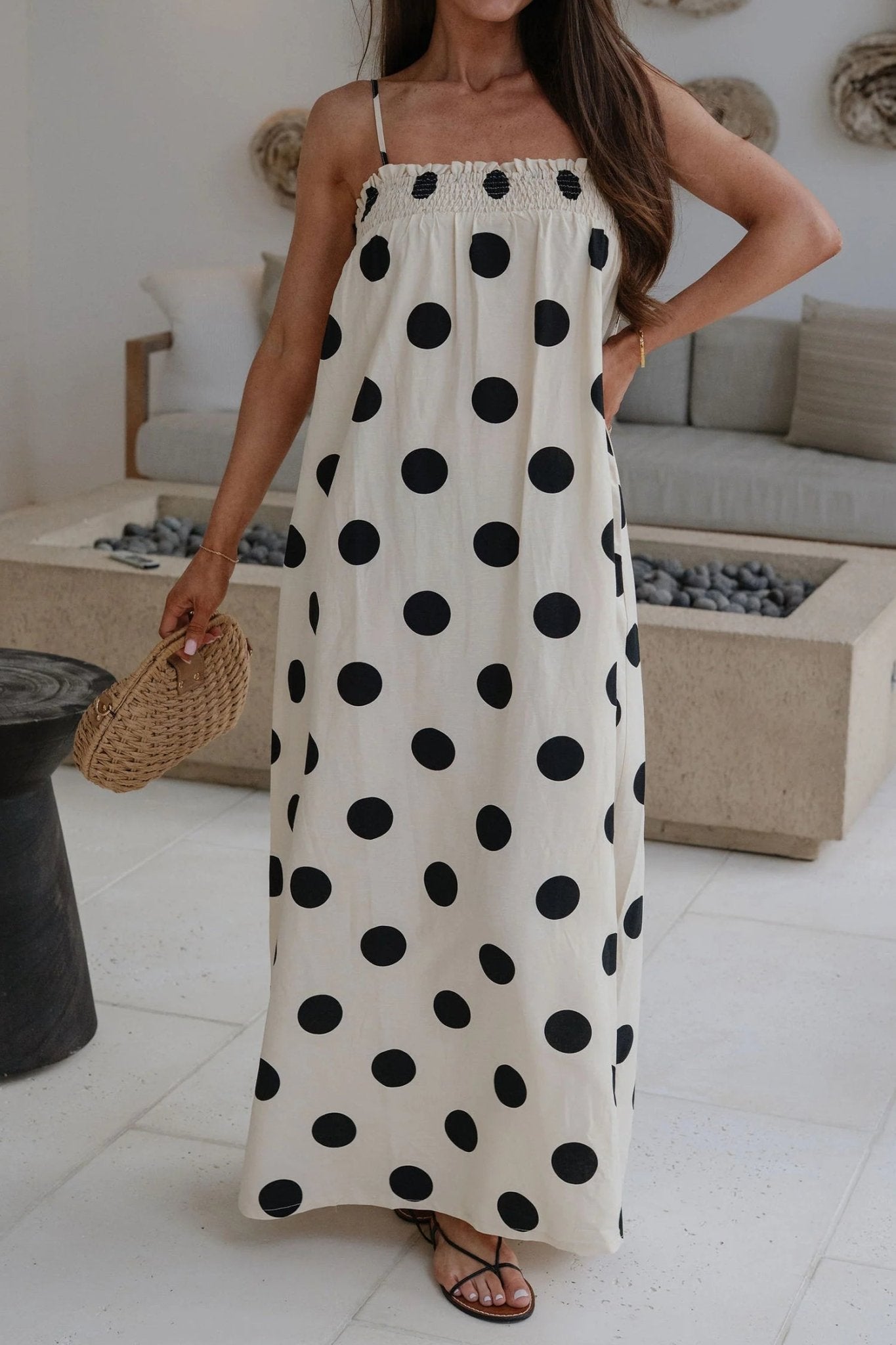 White Polka Dot Spaghetti Straps Maxi Dress - Loving It Shop