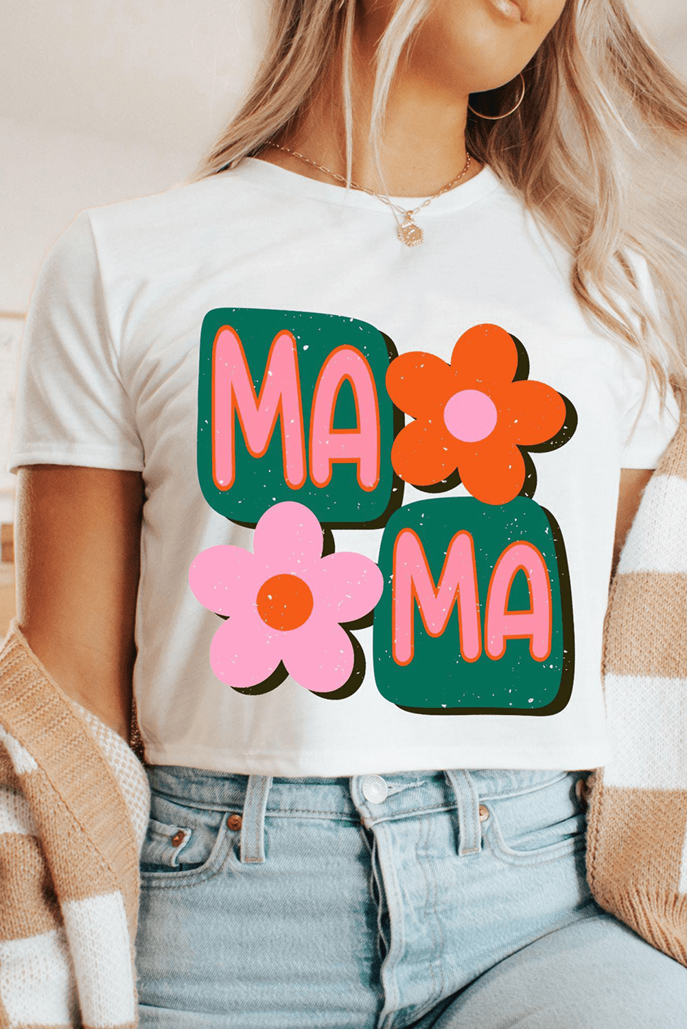 White MAMA Flower Graphic Crewneck Tee - Loving It Shop
