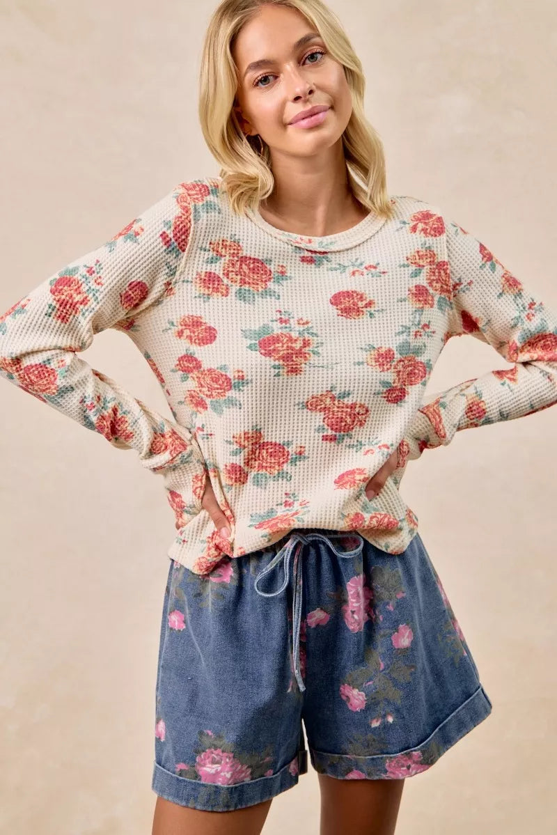 Floral Print Washed Waffle Thermal Top With Thumb