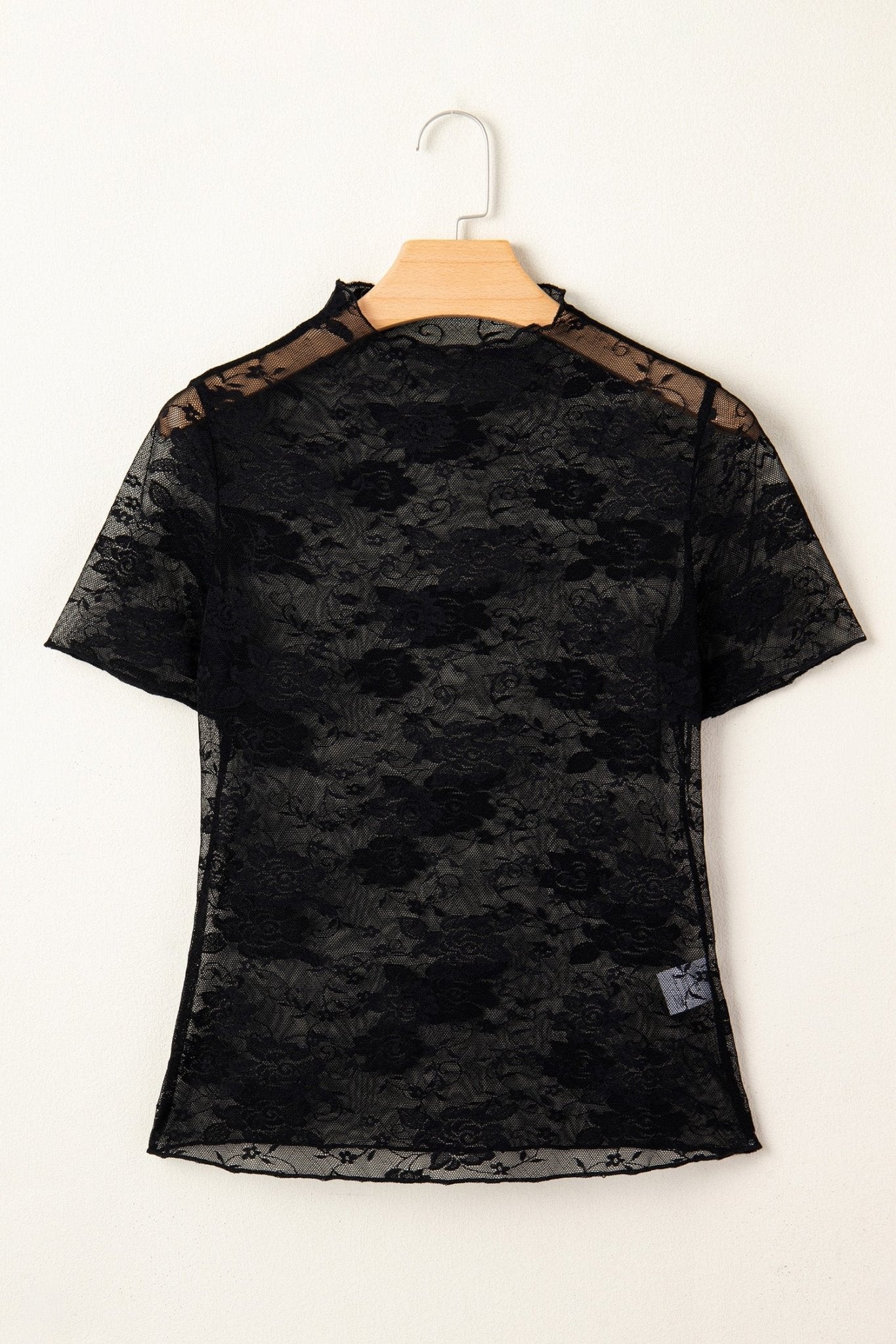 Black Floral Lace Mesh Short Sleeve Sheer Top - Loving It Shop