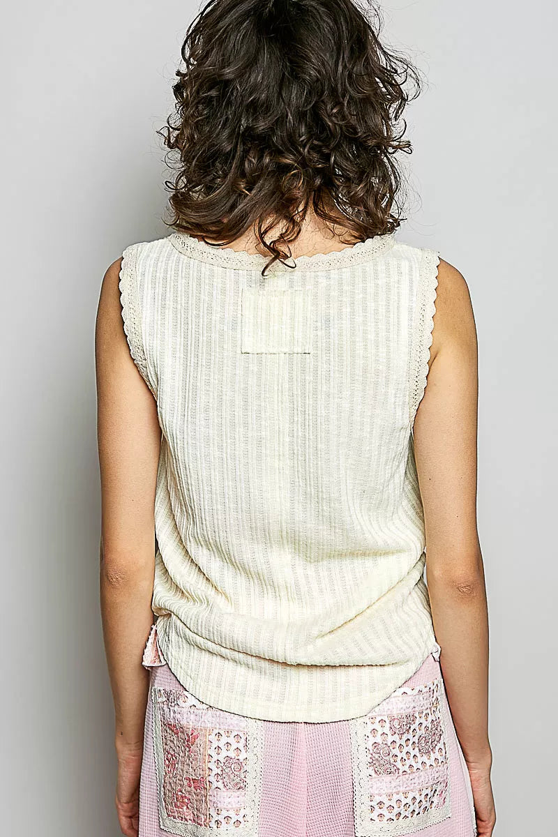 Ribbed Round Neck Tank with Lace Trim