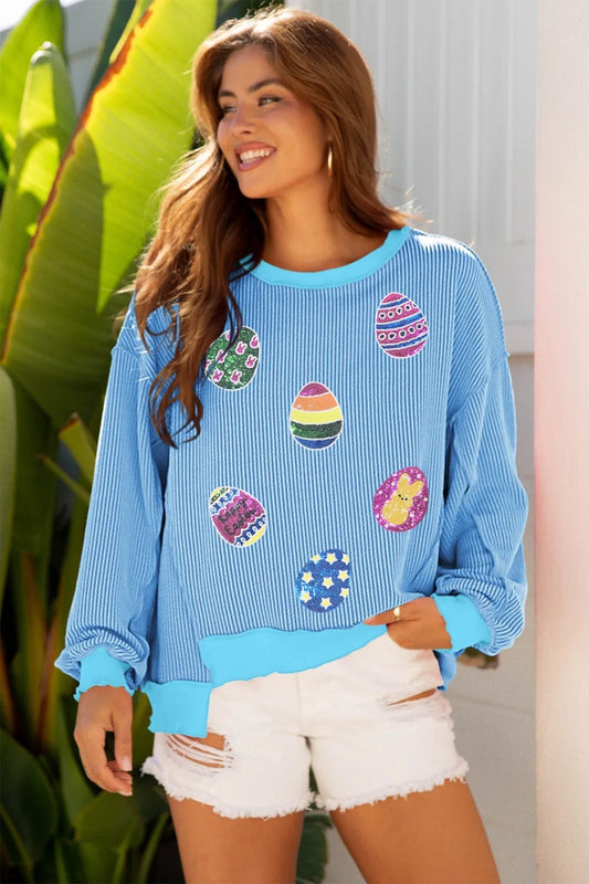 Myosotis Sequin Easter Eggs Twisted Rib Exposed Seam Color Block Top - Loving It Shop