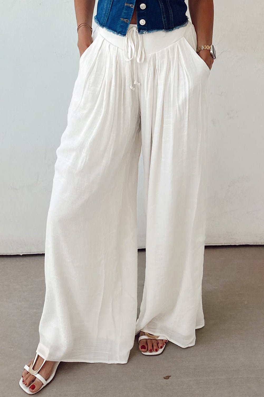 White Solid Drop Waist Pleated Wide Leg Casual Pants - Loving It Shop