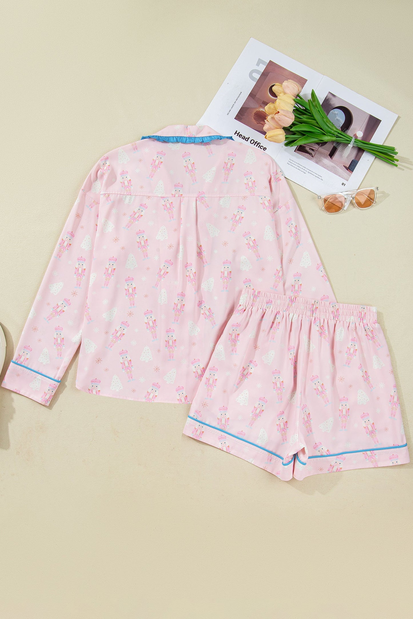 Pink Bow Tie Front Christmas Nutcracker Long Sleeve Shirt Shorts Pajama Set