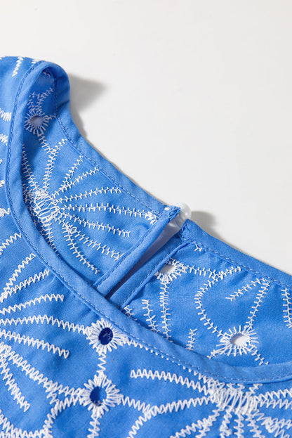 Sky Blue Eyelet Flower Embroidery Frilled Short Puff Sleeve Blouse