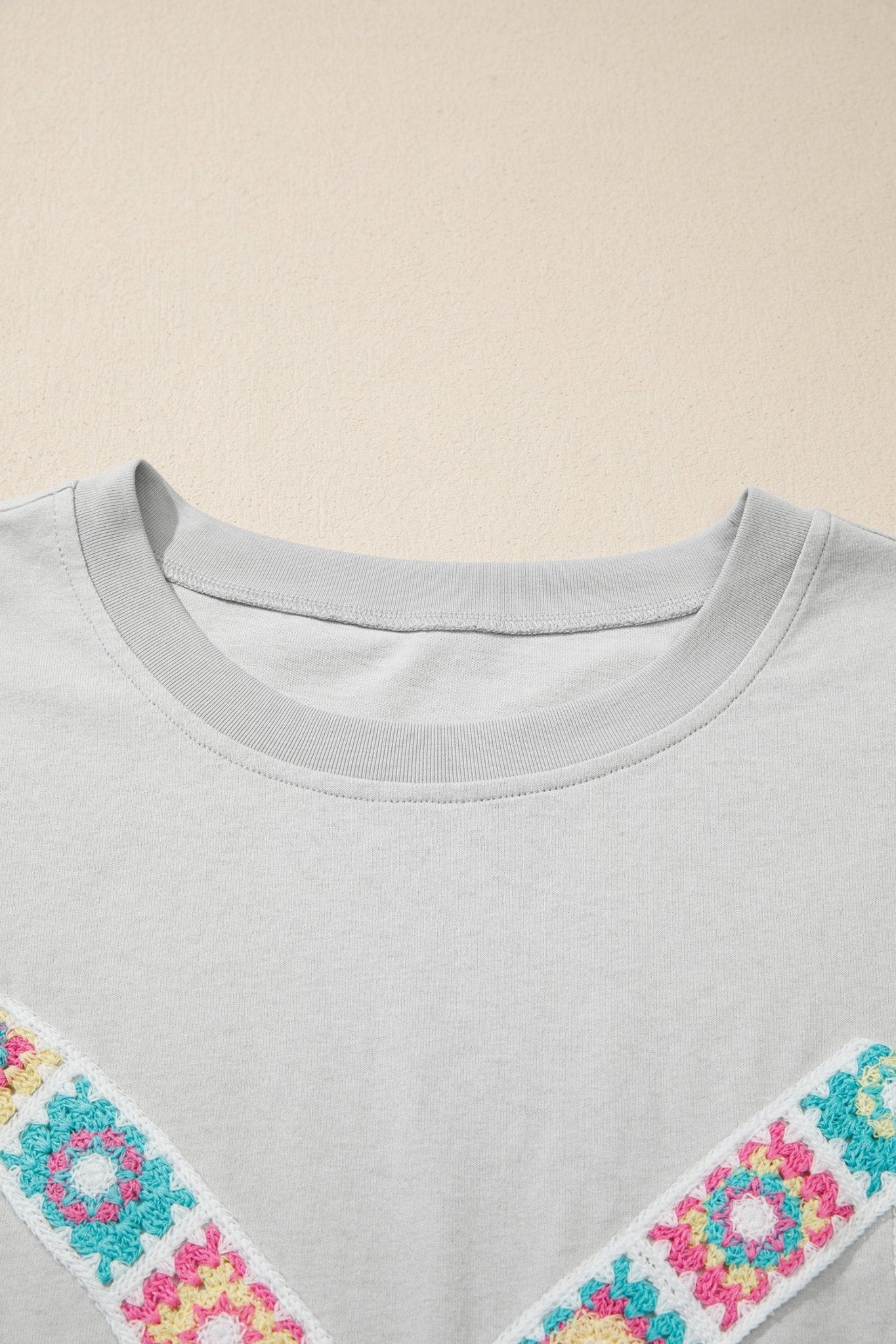 Light Grey Floral Crochet Ribbon Bow Patched Cotton T Shirt - Loving It Shop