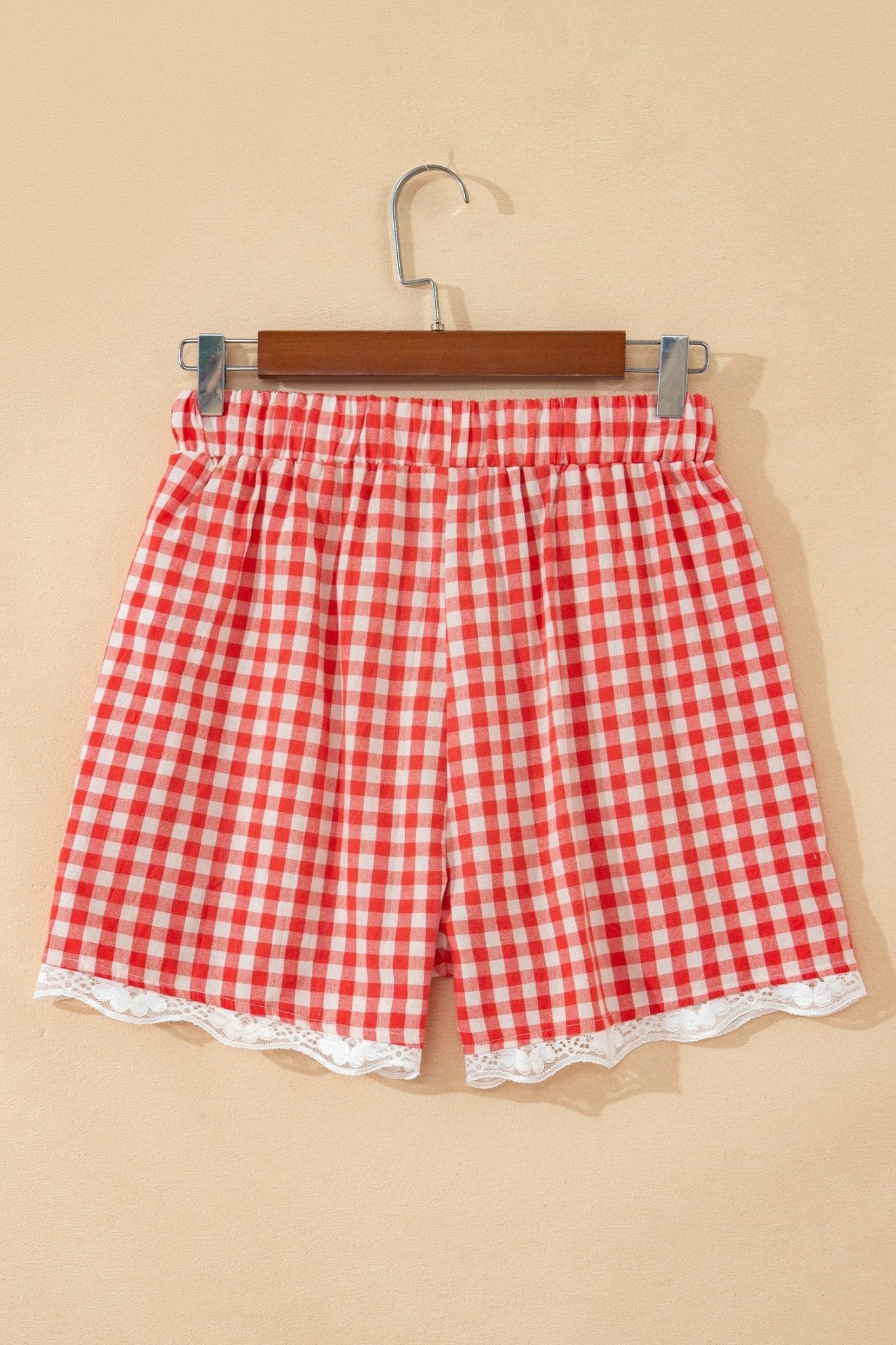 Red Gingham Plaid Tie Elastic Waist Lace Patchwork Hem Casual Shorts - Loving It Shop