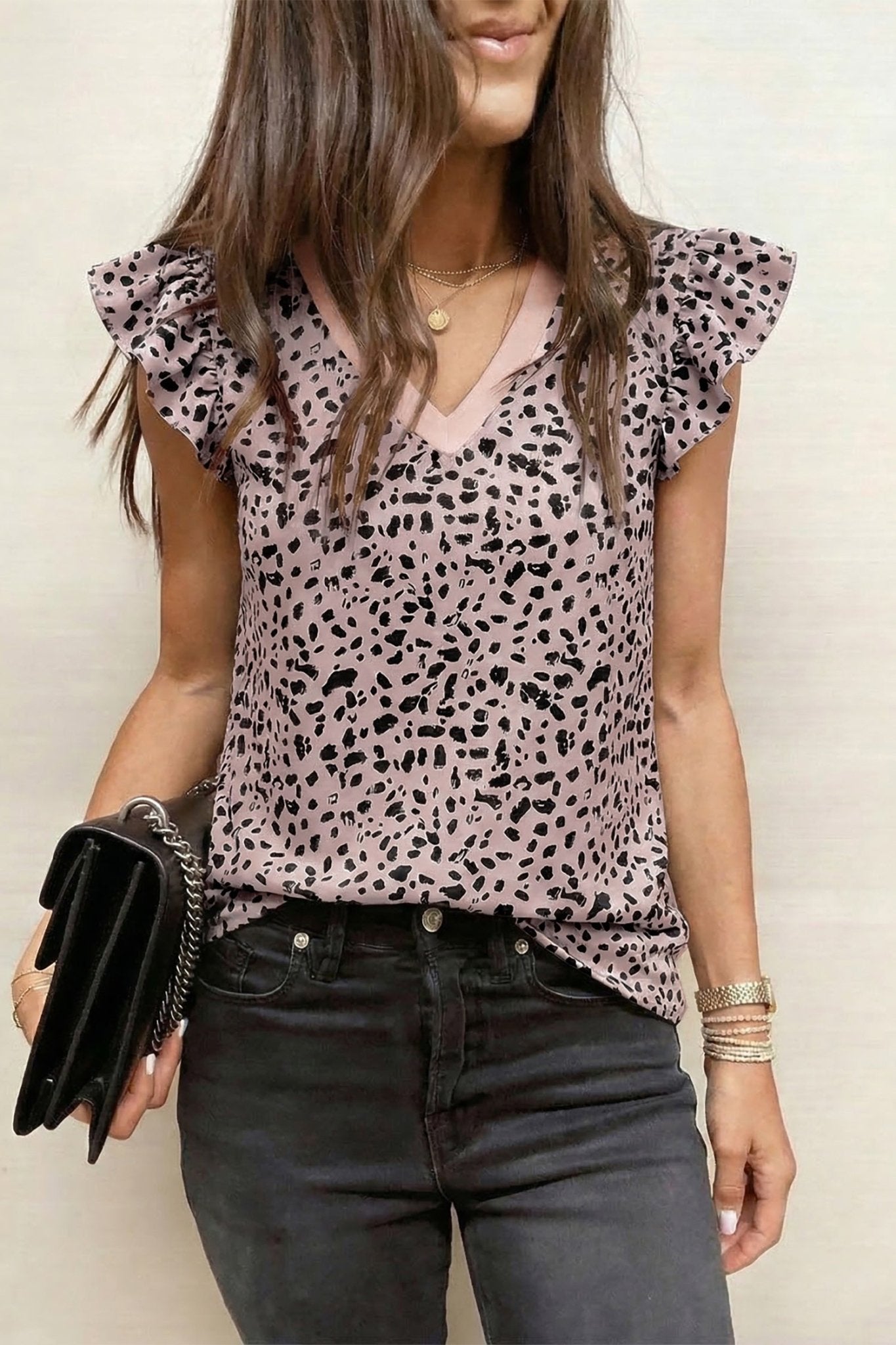 Black Cheetah Print V Neck Ruffle Trim Loose Tank Top - Loving It Shop