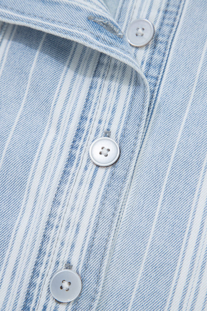 Sky Blue Stripe Boyfriend Chest Pocket Classic Denim Shacket