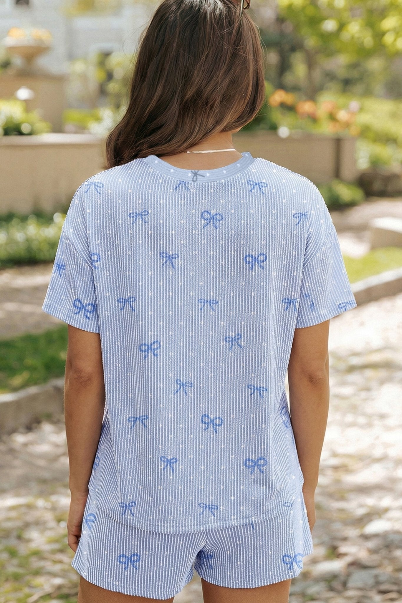 Sky Blue Tiny Heart Bow Print Twisted Rib Loose 2pcs Short Set - Loving It Shop