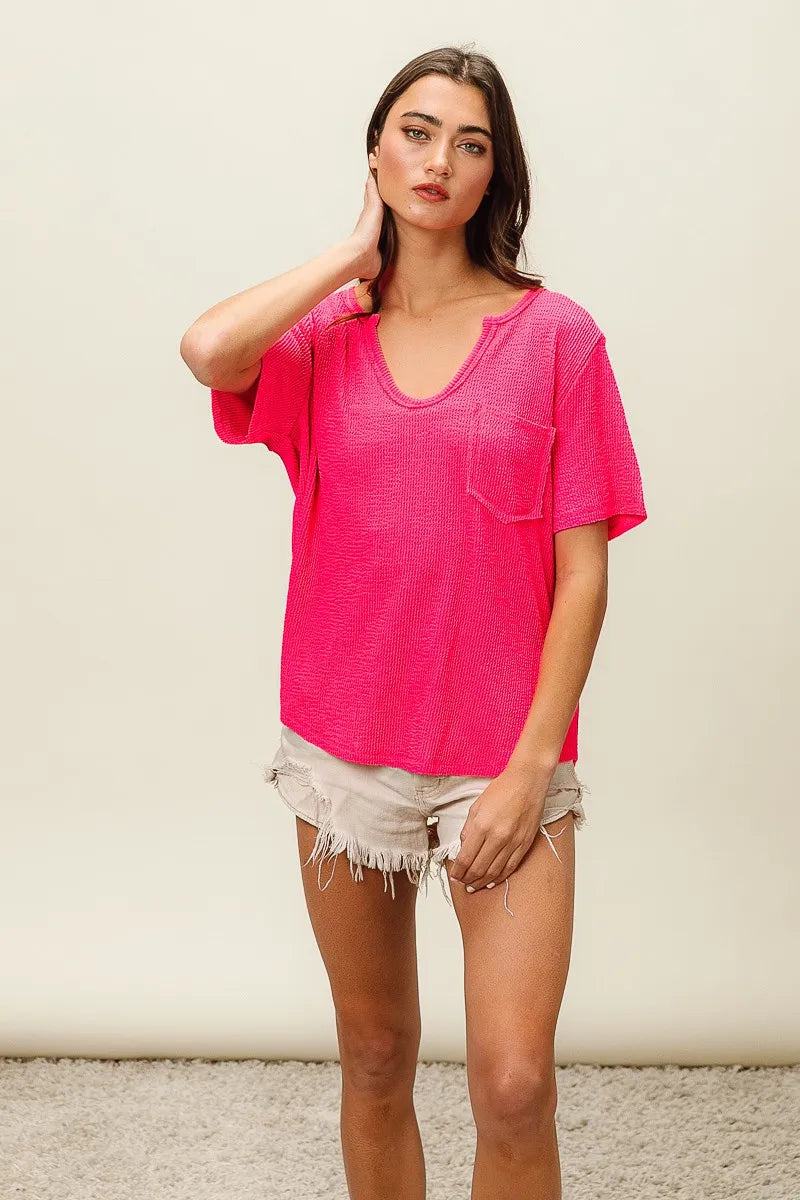 Waved Rib U Neck Top With Front Pocket