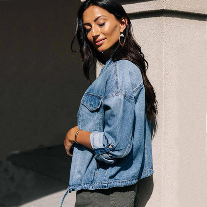 Ladies Denim Jacket Drawstring Loose Ladies Denim Jacket