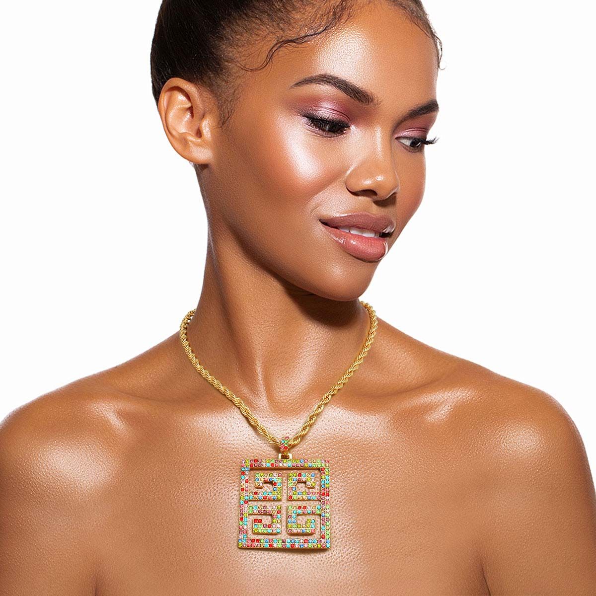 Statement Pendant Necklace with Multi Color Greek Key Design, Trendy and Stylish
