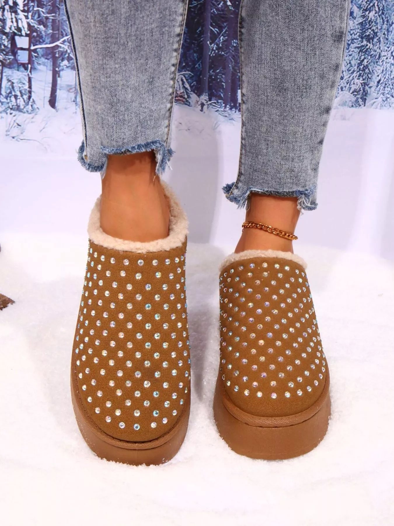 Rhinestone Round Toe Platform Slippers - Loving It Shop