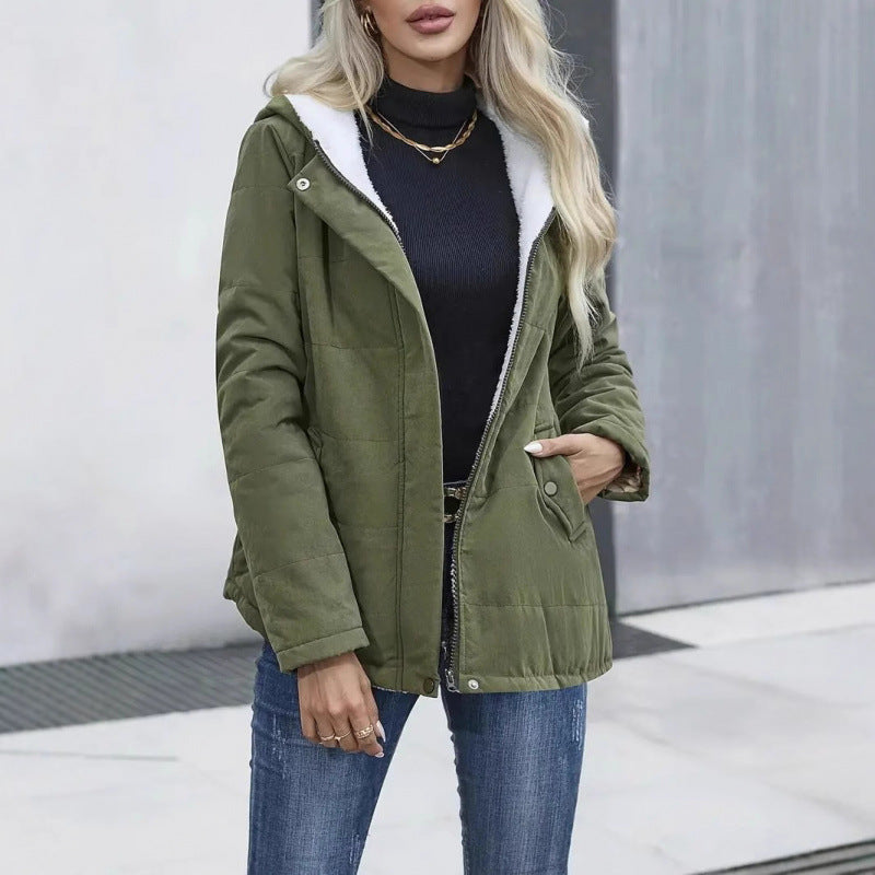 Fleece-lined Hooded Coat Winter Preppy Style Long Sleeve Jacket Warm Pockets Cotton Coat Women&