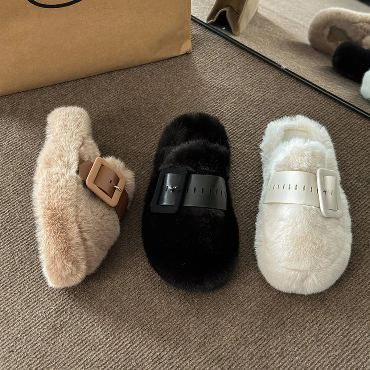Faux Fur Buckle Slippers - Loving It Shop