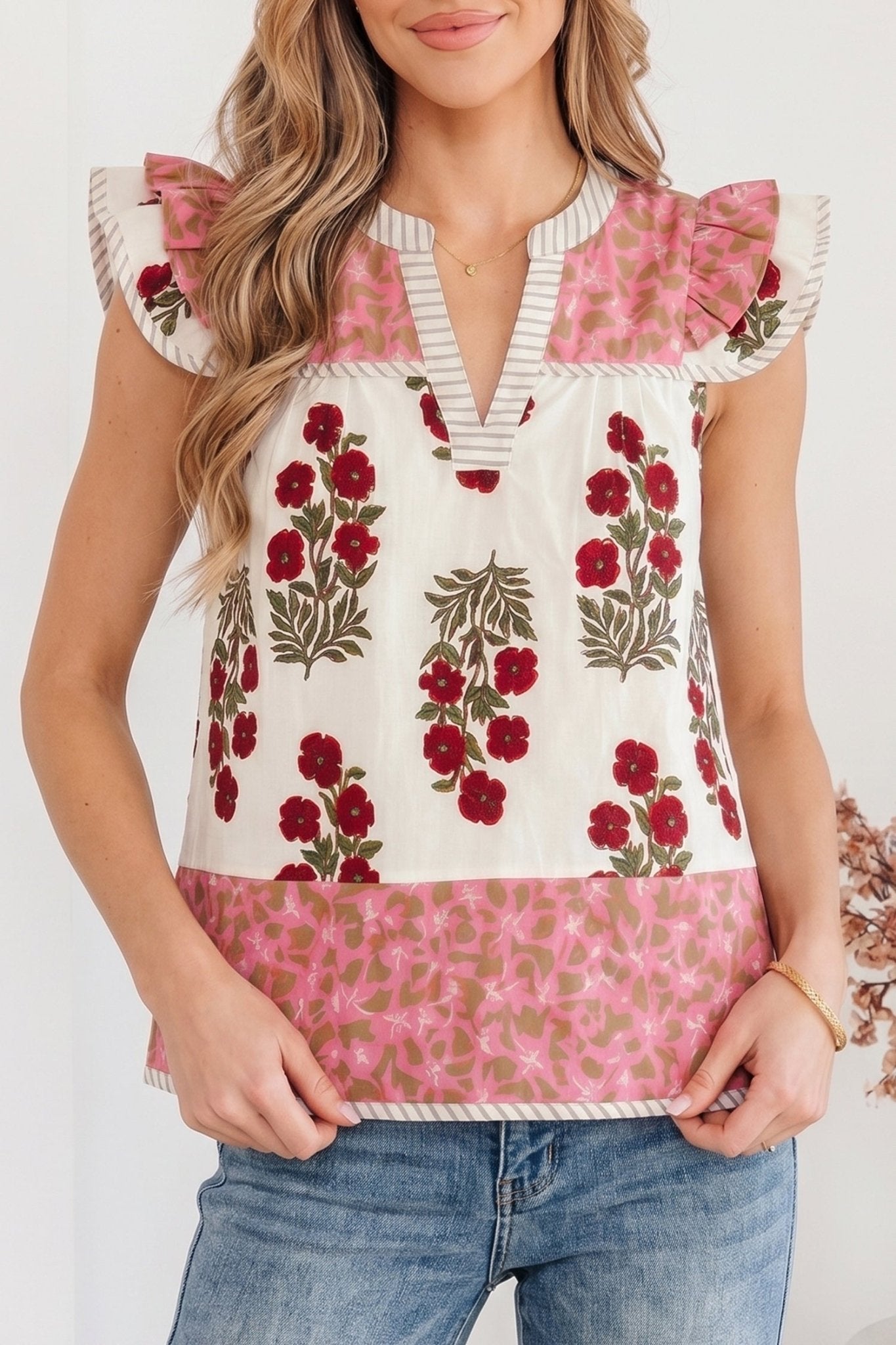 White Floral Print Contrast Striped Trim Flutter Cotton Blouse - Loving It Shop