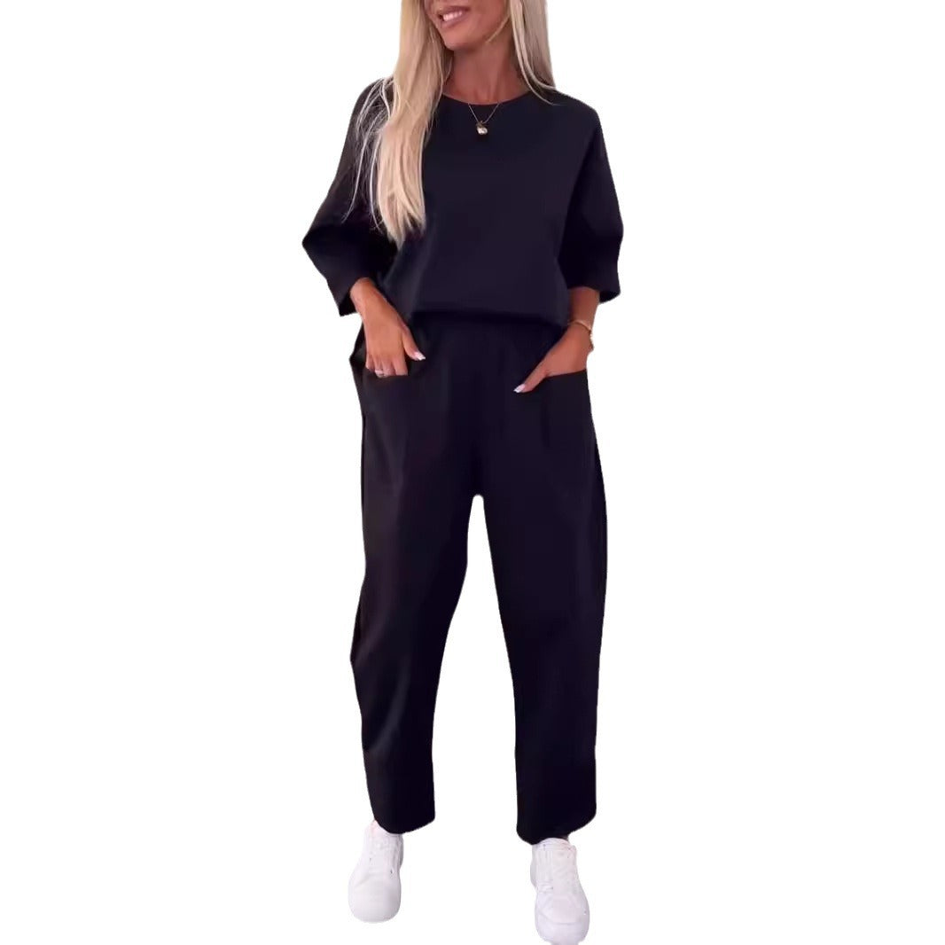 Two-piece Solid Color Round Neck Cropped Pants Set