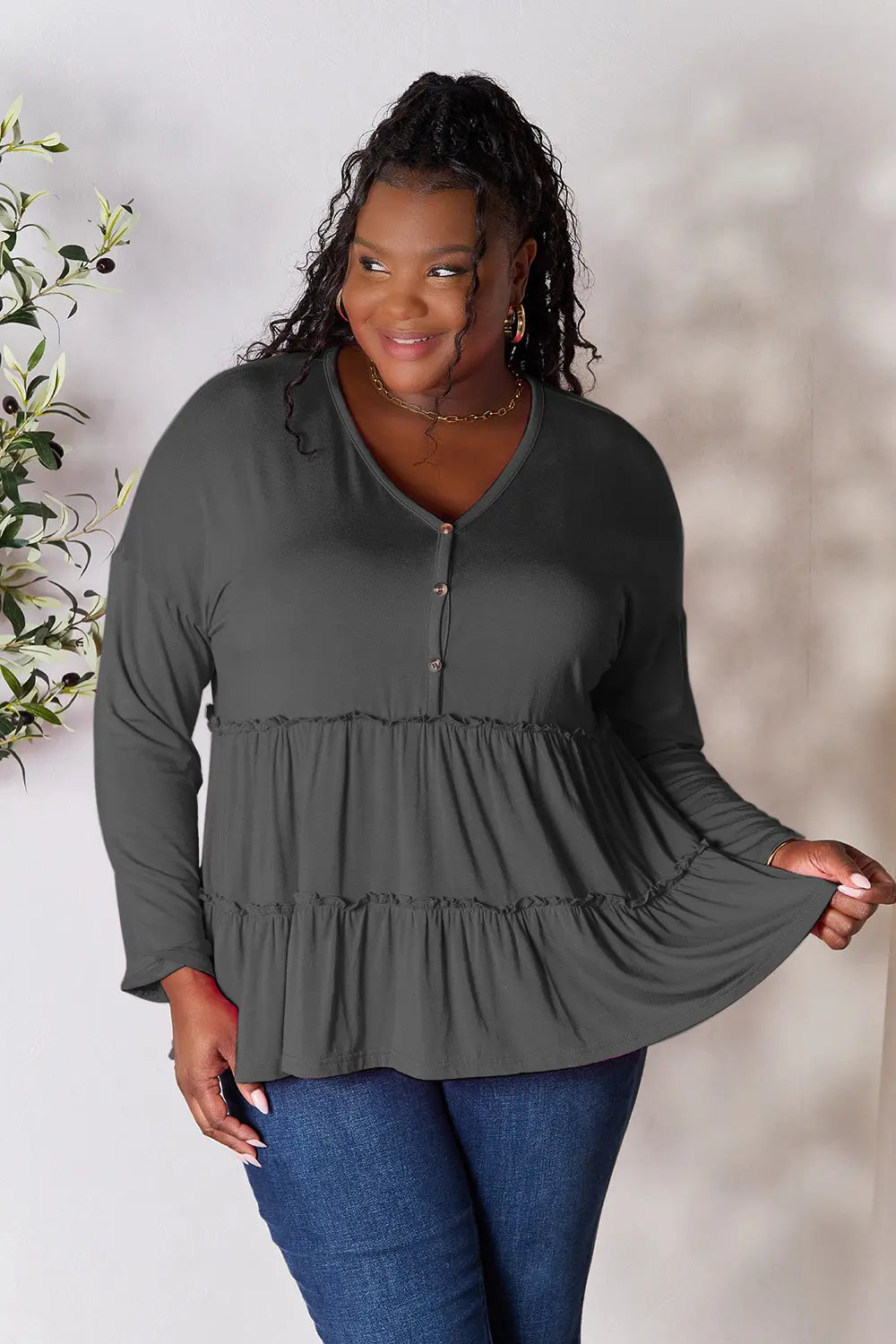 I am a Fashion Junky Take Half Button Long Sleeve Ruffle Hem Blouse