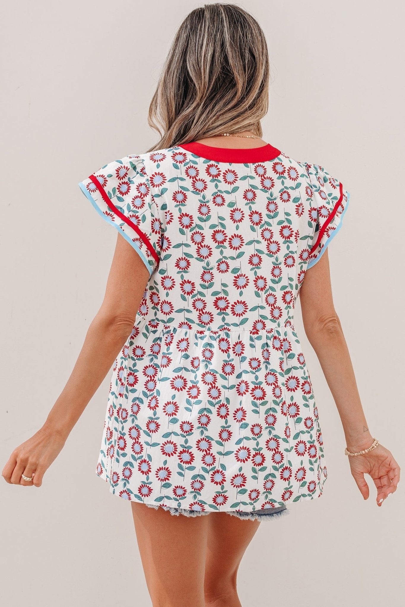 Red Sunflower Printed Contrast Trim V Neck Flutter Sleeve Blouse - Loving It Shop