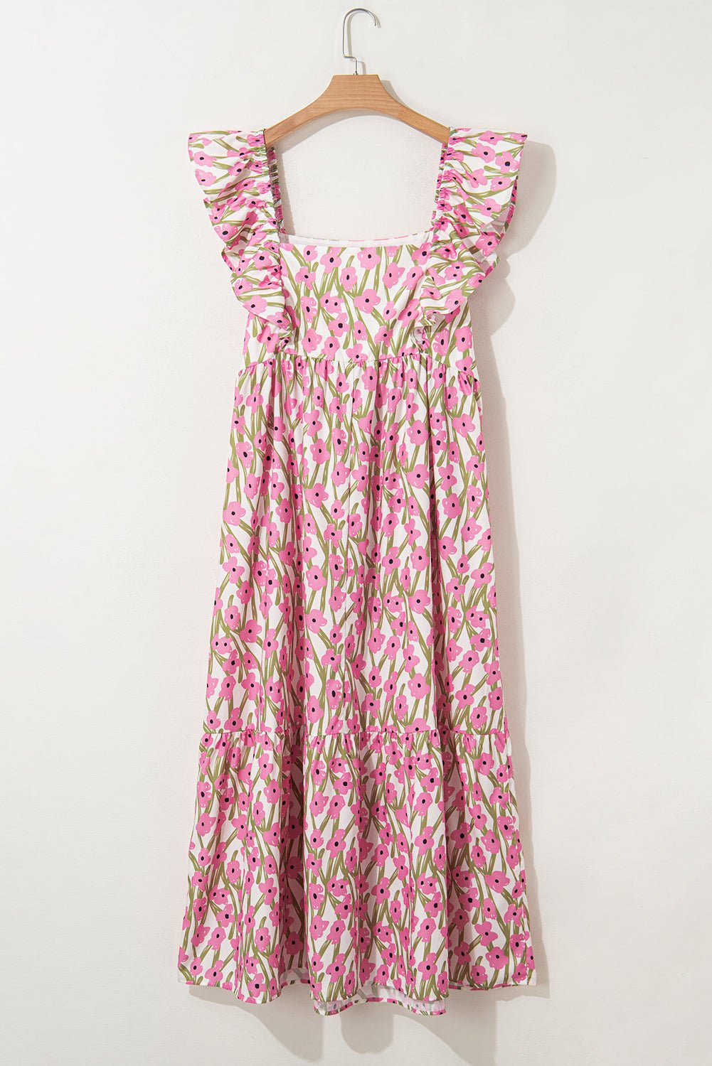 Pink Plus Size Ruffle Trim Square Neck High Waist Floral Maxi Dress - Loving It Shop