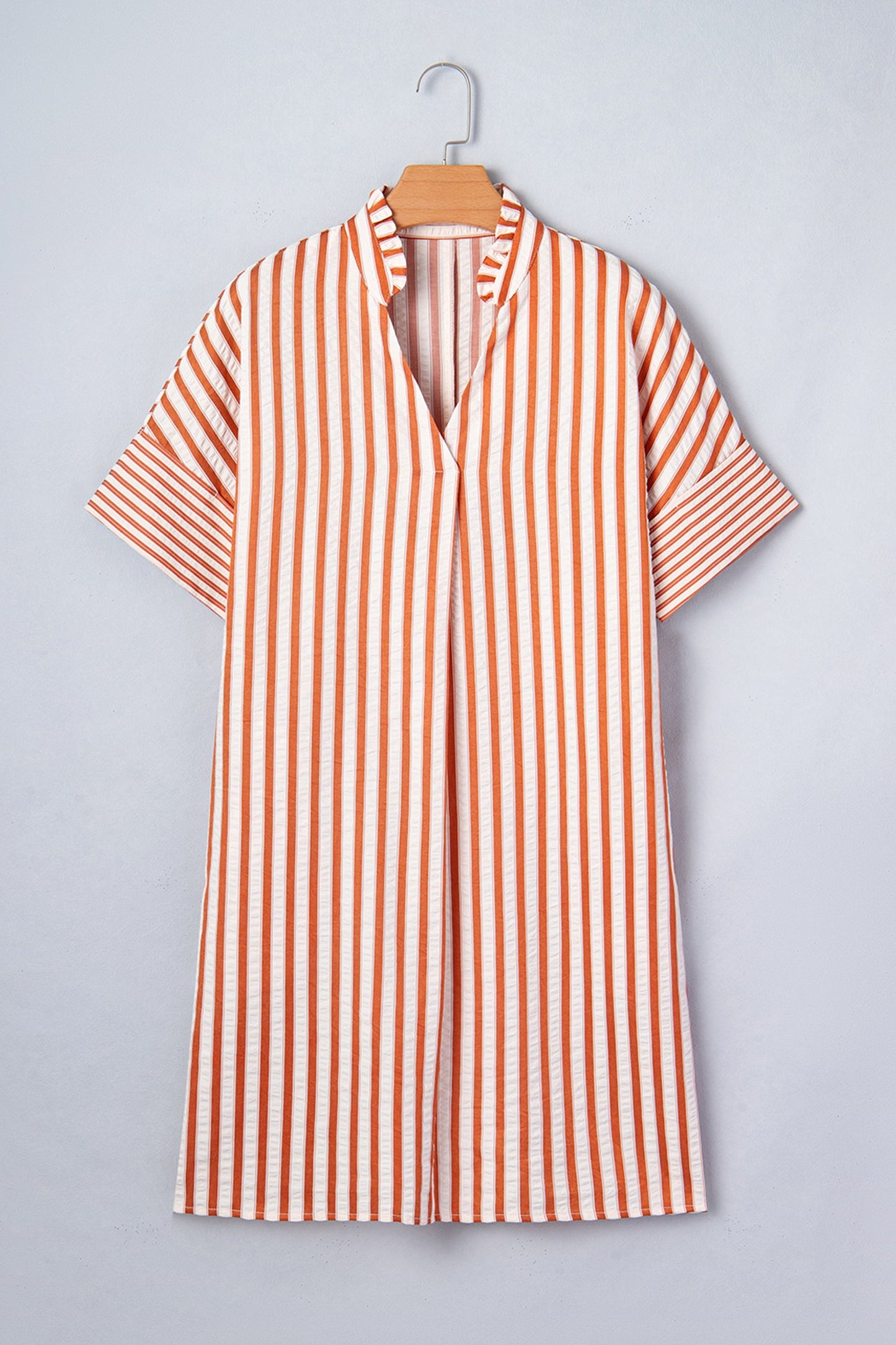 Brown Stripe Pinched V Neck Turn-up Cuffs Shift Mini Dress