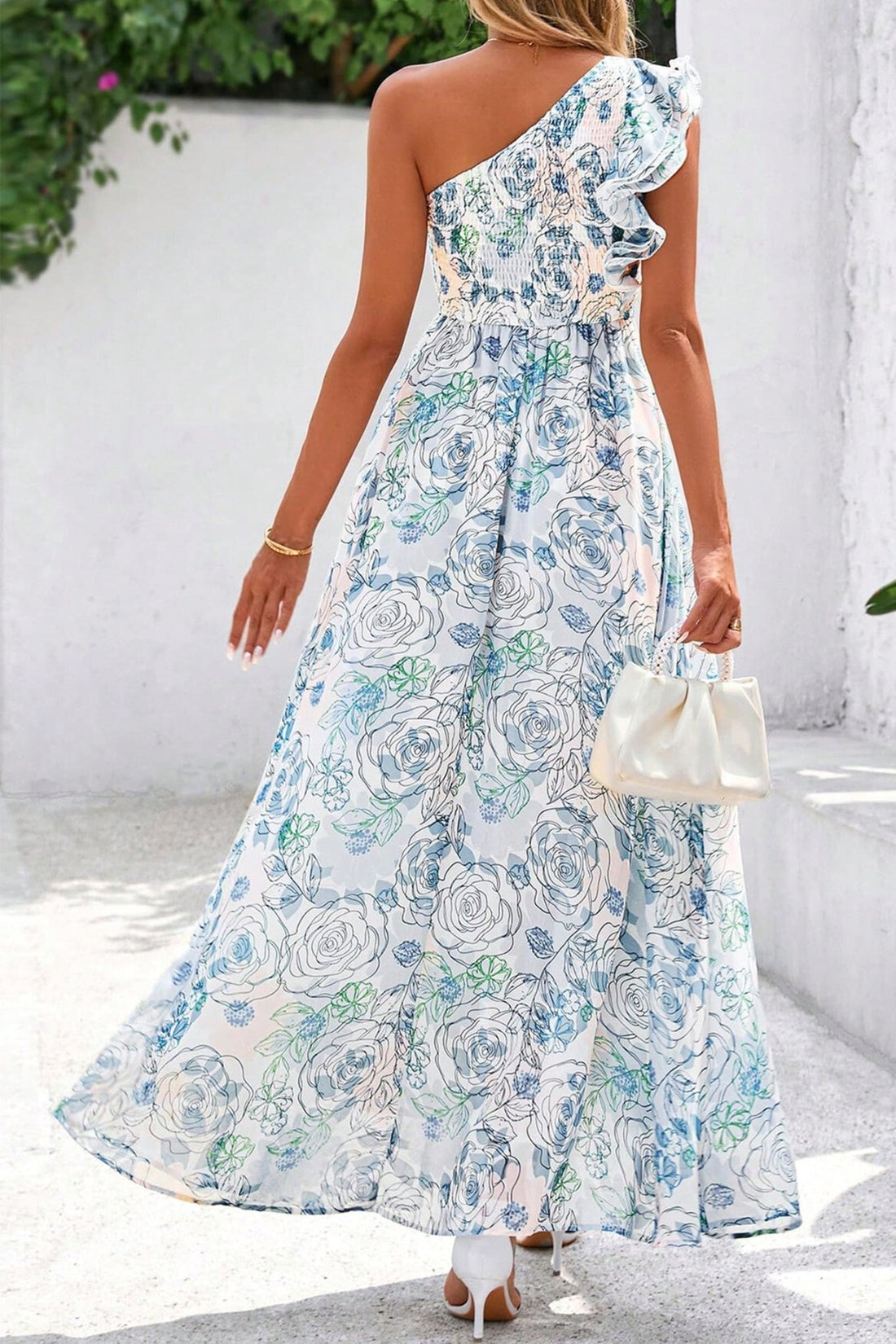 Sky Blue Floral Print Ruffled One Shoulder Vacation Maxi Dress - Loving It Shop