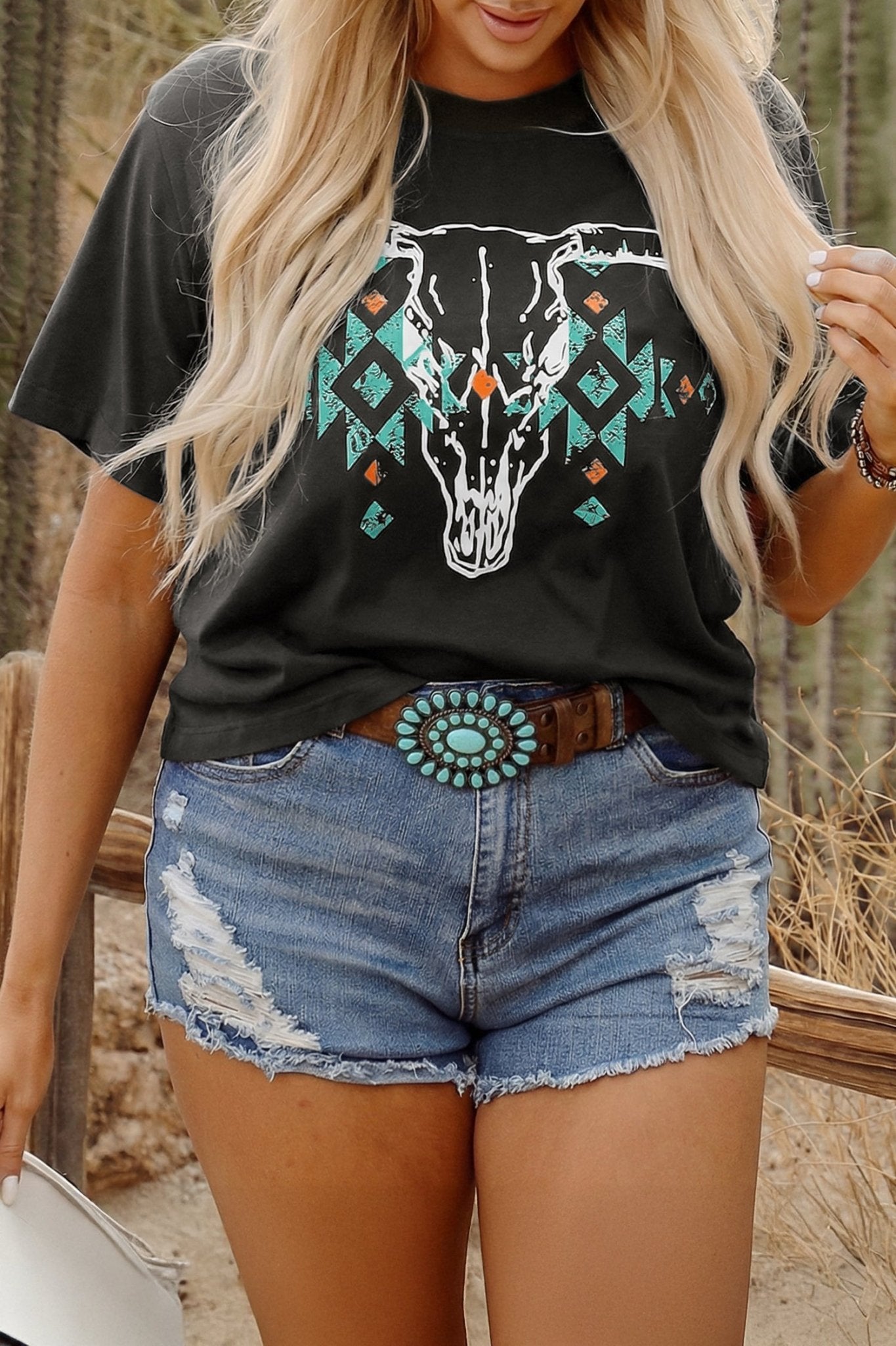 Carbon Grey Plus Size Western Aztec Bull Skull Printed T Shirt - Loving It Shop