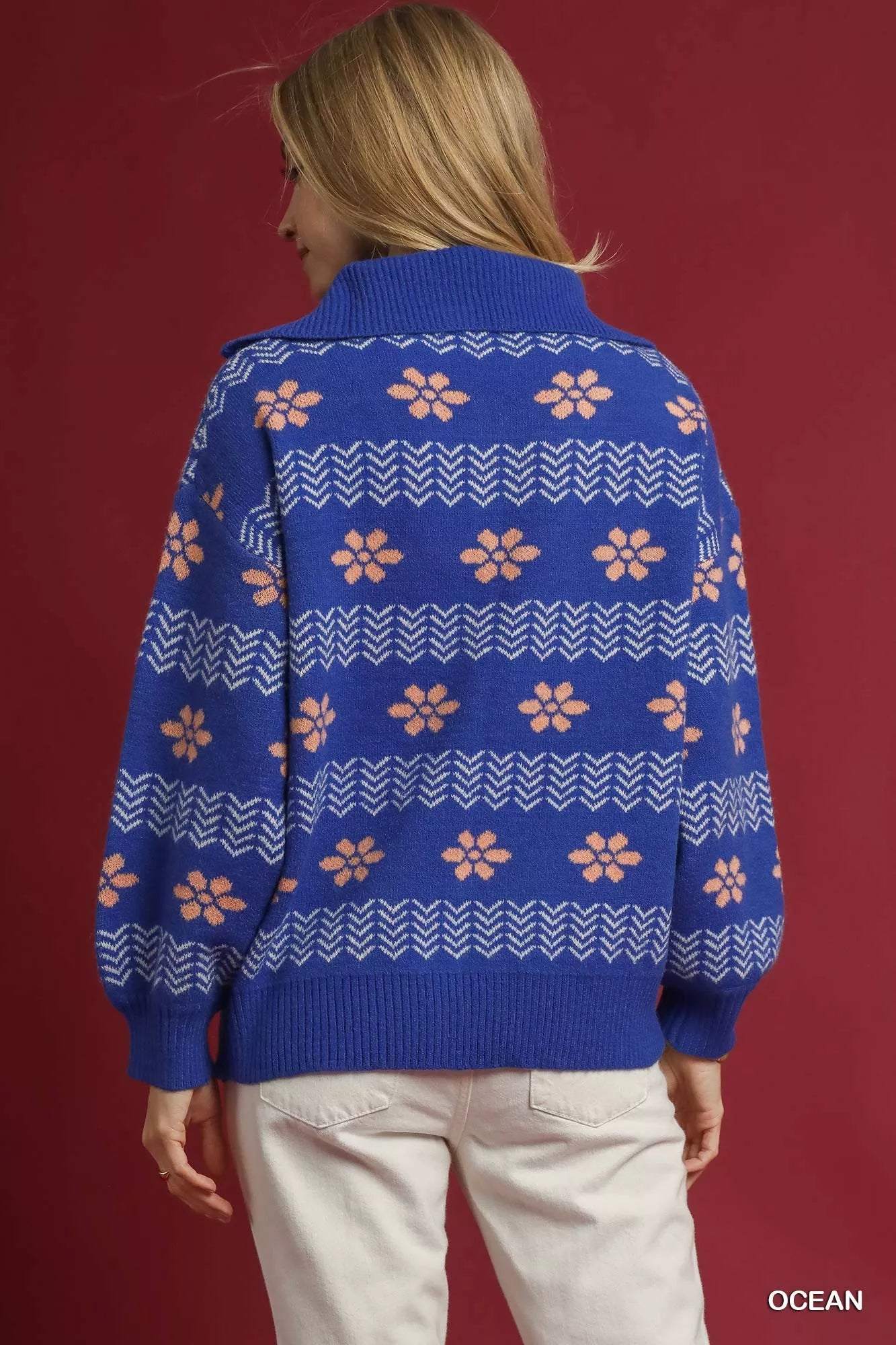 Floral Patterned Jacquard Quarter-Zip Pullover Sweater